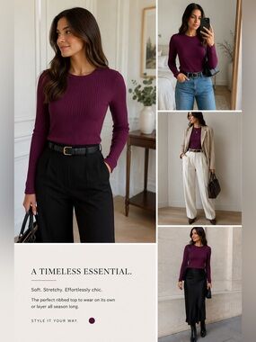 Banana Republic Ribbed Long Sleeve Top XS Plum Berry Stretch Knit Essential